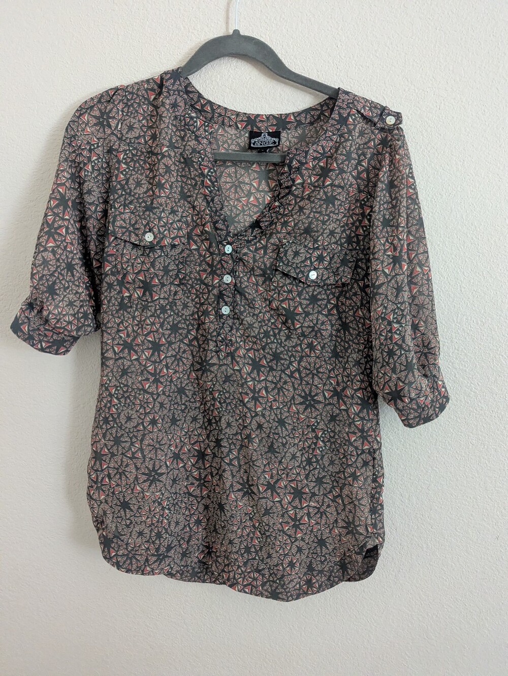 Angie Gray and Pink Patterned V-Neck Blouse
